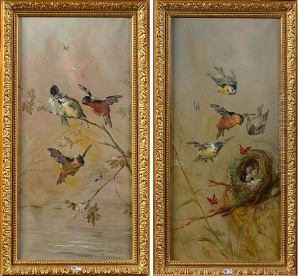 Branches Aux Oiseaux (2 Works) Oil Painting by Leon Fontaine