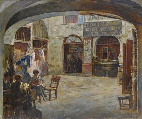 Figures In An Italian Courtyard, Outside The Studio Of Luigi Tolomeo Oil Painting by Stanhope Forbes