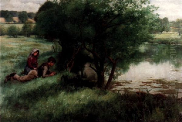 Sommarlandskap Med Pojke Och Flicka Vid Flod Oil Painting by Stanhope Forbes