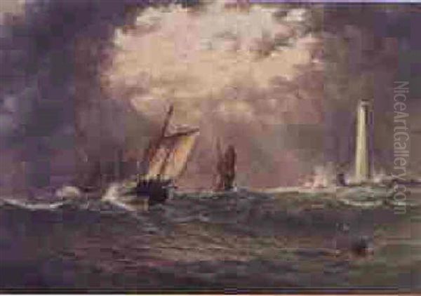 Pilot Boat Off Eddystone Lighthouse Oil Painting by James Haughton Forrest