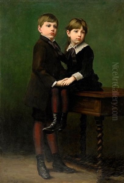 Portratt Av Tva Syskon Oil Painting by Nils The Elder Forsberg