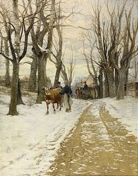 Man Med Kreatur Pa Byvag Oil Painting by Victor Forssell