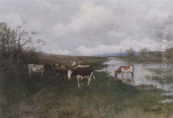 Kor Vid Vattendrag Oil Painting by Victor Forssell