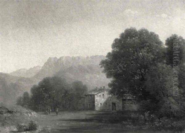 Bewaldetes Tal Mit Gehoft Vor Bergkette Oil Painting by Jean-Antoine-Simeon Fort