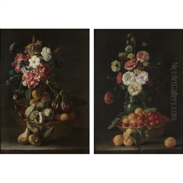 Still Life With A Basket Of Figs And Plums Together With A Bouquet Of Flowers (+ Still Life With A Basket Of Peaches And Cherries Together With A Bouquet Of Flowers In An Earthenware Vase; Pair) Oil Painting by Luca Forte