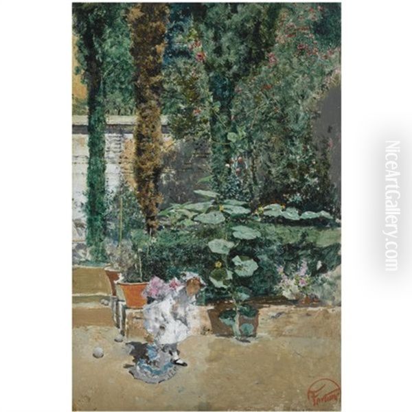 Nina En El Jardin Del Artista, Granada (young Girl In The Garden Of The Artist's Studio, Granada) Oil Painting by Mariano Jose Maria Bernardo Fortuny y Carbo