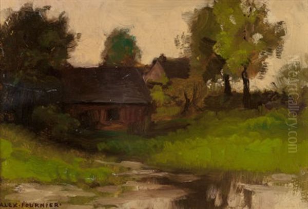 House By A Lake, France Oil Painting by Alexis Jean Fournier