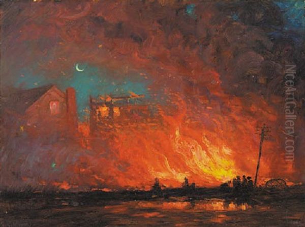 Raging Fire, Night Oil Painting by Alexis Jean Fournier