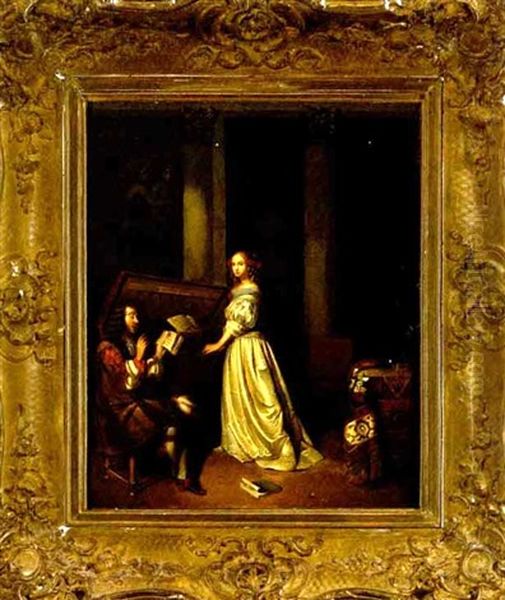 Interior Scene Depicting A Shakespearean Man Reciting Poetry To A Lady Oil Painting by Henri Jean-Baptiste Victoire Fradelle