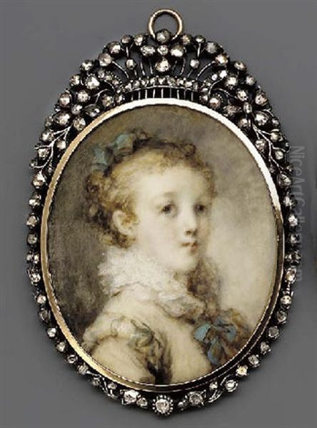A Young Lady Facing Right, In Pale Cream Dress With Blue Ribbon And Frilled Collar, Blue Ribbon In Her Curling Hair Oil Painting by Marie Anne Fragonard