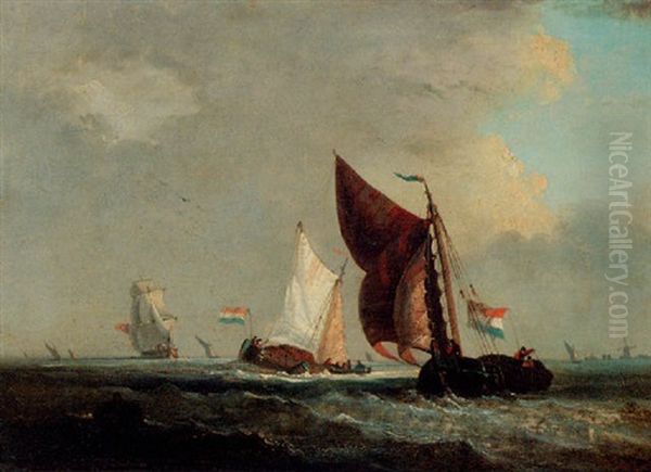 Barges And Other Shipping Off The Dutch Coast Oil Painting by Francois-Thomas-Louis Francia