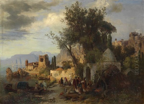 Evening By The Kura River Near Tiflis Oil Painting by Paul Von Franken