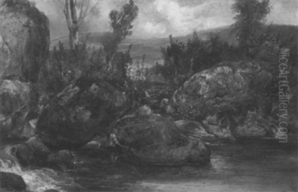 Fisher Near Boulders In The Stream Oil Painting by Alexander Fraser the Younger