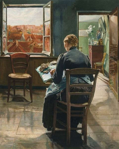 The Flemish Lacemaker - La Dentelliere Flamande (1907) Oil Painting by Leon Frederic