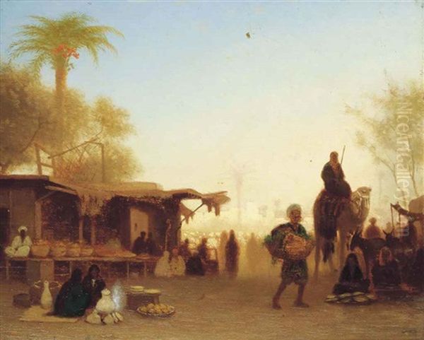 A Cairo Bazaar At Dusk Oil Painting by Charles Theodore (Frere Bey) Frere