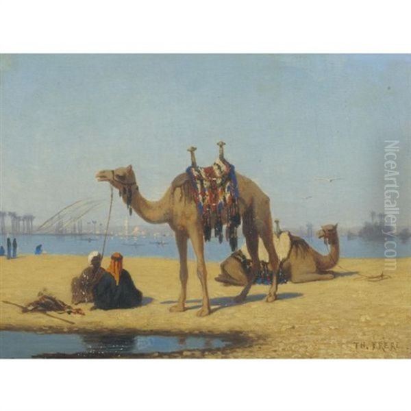 Camels By The Nile Oil Painting by Charles Theodore (Frere Bey) Frere
