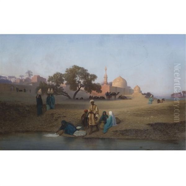 A Village Along The Nile Near Cairo Oil Painting by Charles Theodore (Frere Bey) Frere