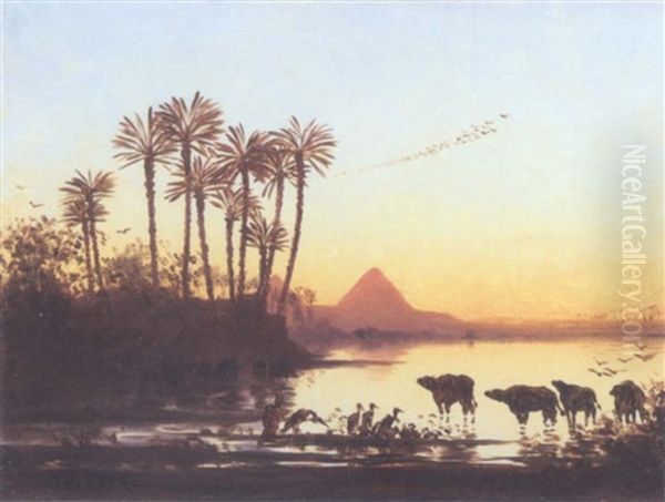 Troupeau Au Bord Du Nil Oil Painting by Charles Theodore (Frere Bey) Frere