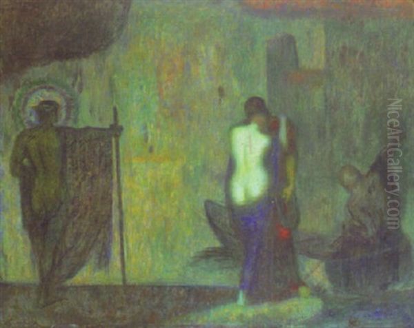 Uberfahrt Zur Toteninsel Oil Painting by Adolf Frey-Moock