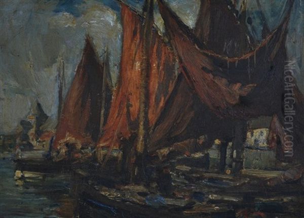 Fishing Boats At Mooring Oil Painting by Arthur A. Friedenson