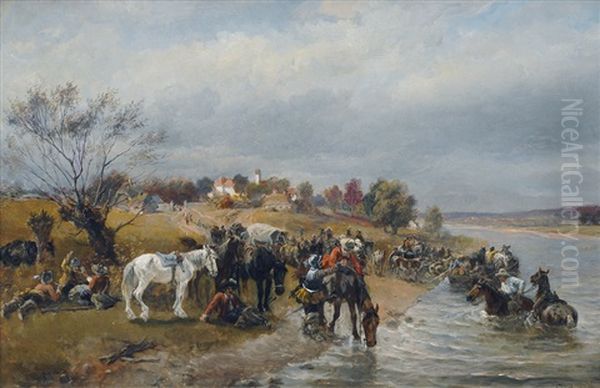 Soldiers Camp On The Riverbank Oil Painting by Alfred Ritter von Malheim Friedlaender