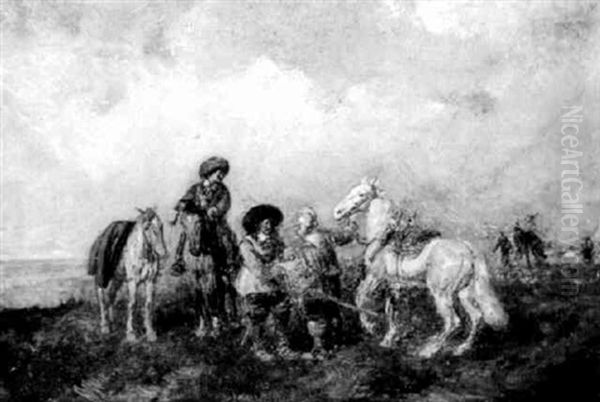Reiter Im Gesprach Oil Painting by Friedrich Ritter von Malheim Friedlaender
