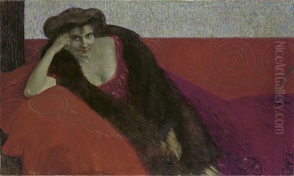 Dame In Roth Oil Painting by Otto Friedrich