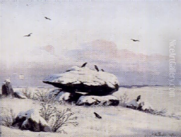 Udsigt Over Sneklaedte Marker Med Stendysse, Lav Sol Oil Painting by Hans Gabriel Friis
