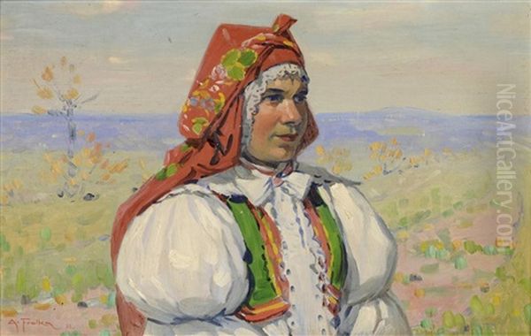 A Girl In A Folk Costume Oil Painting by Antos Frolka