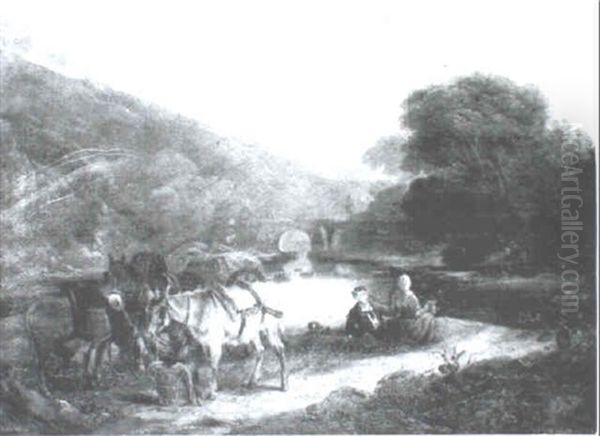 Landscape With Donkeys And Figures Oil Painting by George Frost