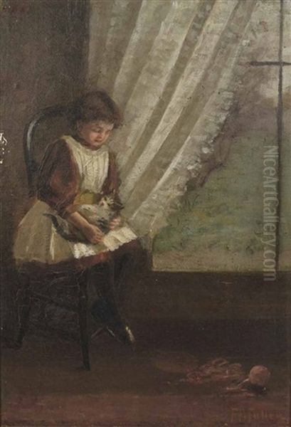 Girl With Cat Oil Painting by Florence Ada Fuller
