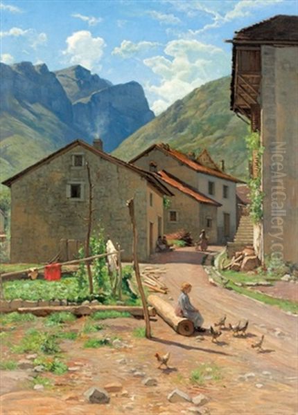 Dorfpartie Mit Madchen Beim Futtern Der Huhner Oil Painting by Francois Furet