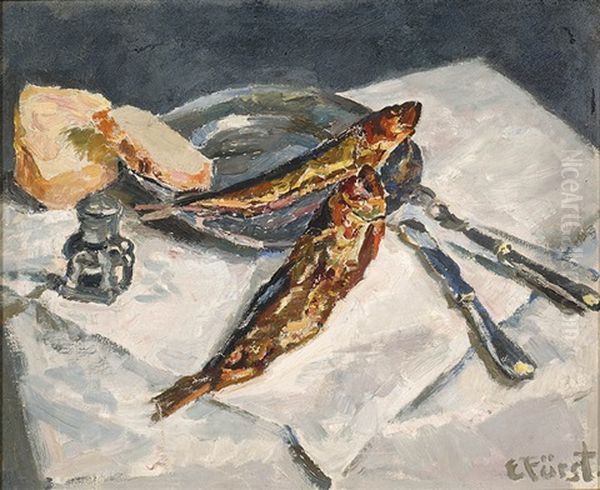 Still Life With Fish And Cutlery Oil Painting by Edmund Fuerst