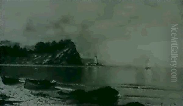 A Lighthouse Off A Coast Oil Painting by Edmund Fuerst