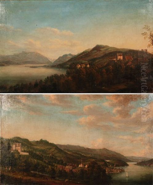 Blick Von Suden Auf Schloss Und Ortschaft Wadenswil (+ Blick Von Norden Auf Schloss Wadenswil; Pair) Oil Painting by Hans-Rudolf Fuessli
