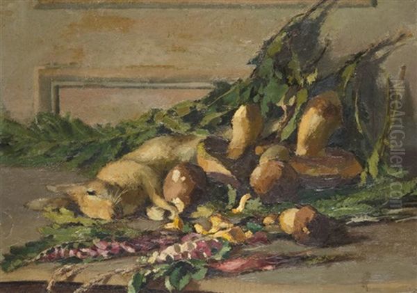 Lievre, Cepes Et Fleurs Sur Un Entablement (+ Sketch, Verso) Oil Painting by Josue Gaboriaud
