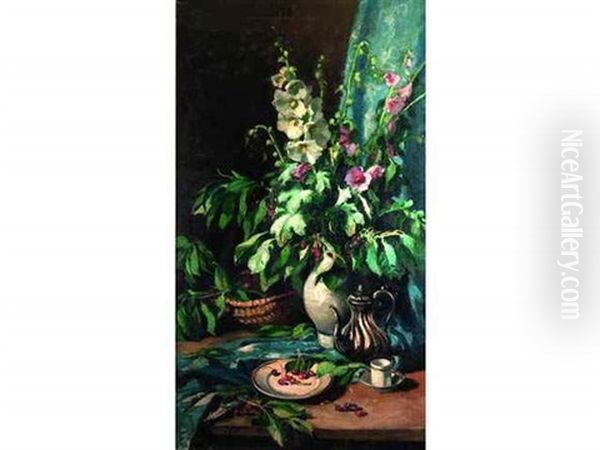 Nature Morte Au Vase De Fleurs Et A La Theiere Oil Painting by Josue Gaboriaud