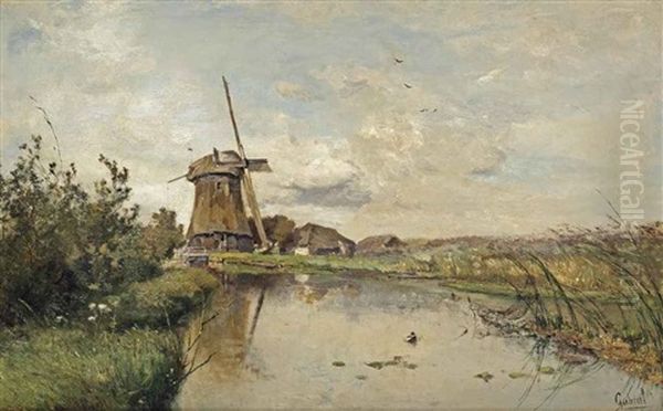 A River Landscape With A Windmill Oil Painting by Paul Joseph Constantin Gabriel