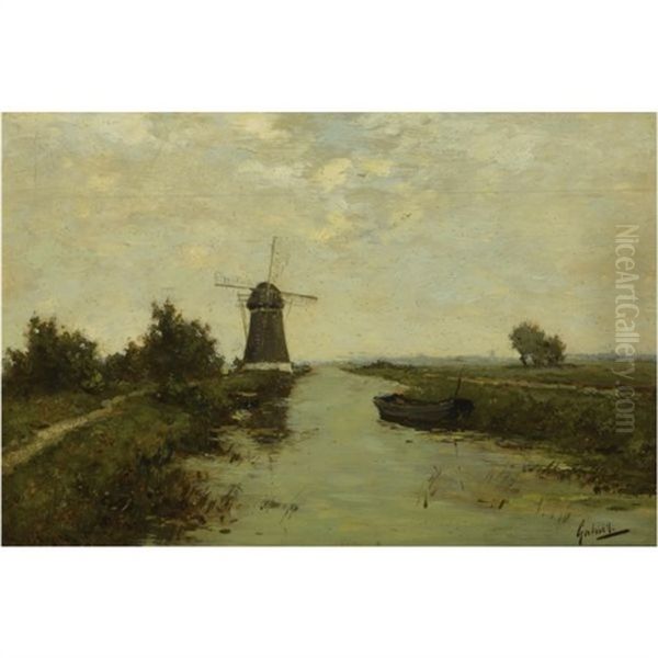A Windmill In A Polder Landscape Oil Painting by Paul Joseph Constantin Gabriel
