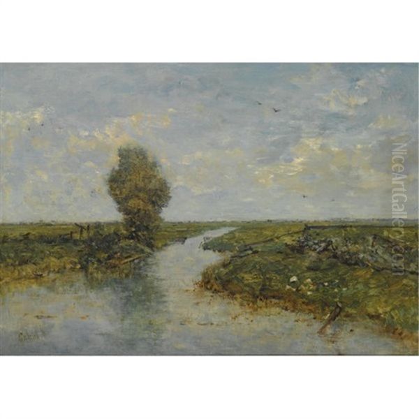 A Polder Landscape Oil Painting by Paul Joseph Constantine Gabriel