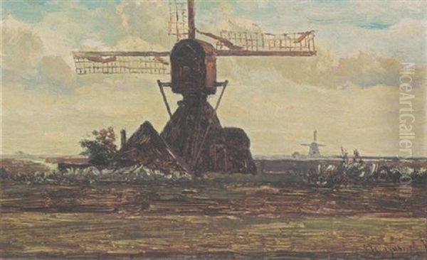 A Mill In A Polder Landscape Near Abcoude Oil Painting by Paul Joseph Constantin Gabriel