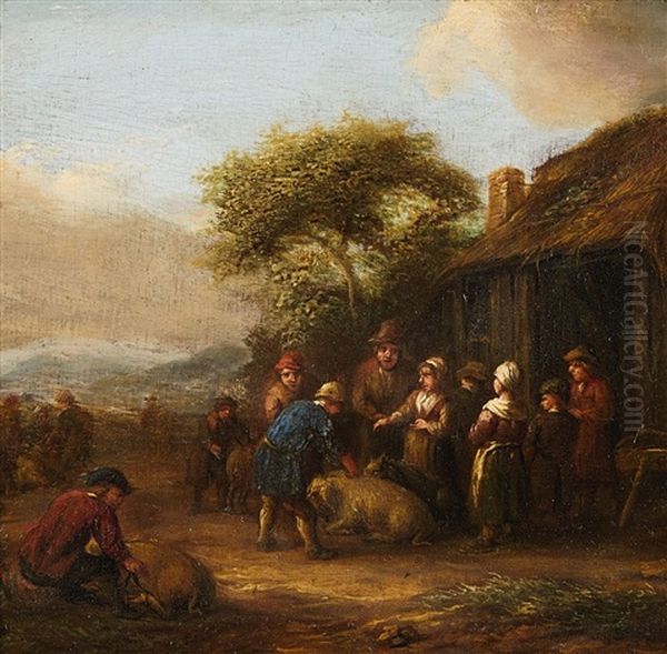 Landscape With Cottage And Farmers With Livestock Oil Painting by Barend Gael