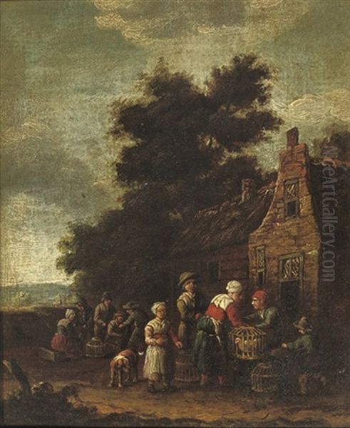A Small Poultry Market Near A Farm Stead In A Wooded Landscape Oil Painting by Barend Gael