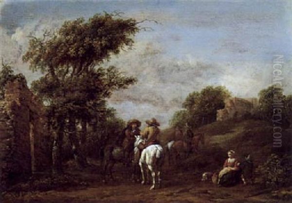 Rastende Reiter In Einer Landschaft Mit Ruinen Oil Painting by Barend Gael