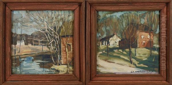 House On A Hill, House By A River, Clouds Through The Trees And Late Autumn Snow Scene Oil Painting by Carl Frederick Gaertner