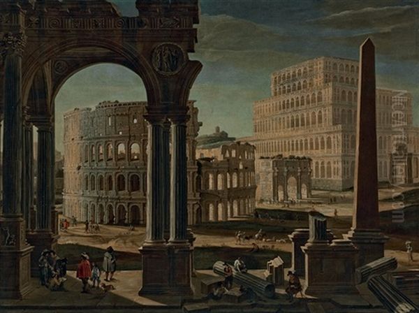 A Capriccio With The Colosseum, The Arch Of Constantine, And The Tower Of Maecenas, Rome Oil Painting by Filippo (il Bizzarro) Gagliardi