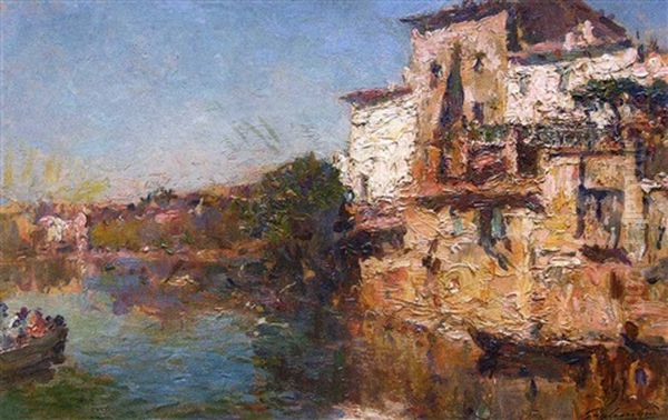 Village Provencal Au Bord De L'eau Oil Painting by Julien Gustave Gagliardini