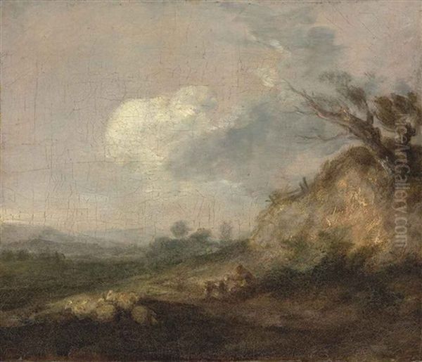 A Landscape With A Shepherd And His Dog, His Flock Resting By A Dune In The Foreground Oil Painting by Thomas Gainsborough