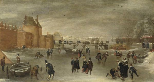 Skaters, Kolf Players And Sledges On A Frozen River Near The St.janspoort City Gate, With The Kruispoort In The Background And Thepink Mill Beyond, Haarlem With Monogram 'ha' Oil Painting by Hendrick Avercamp