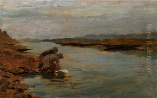 Zwei Wascherinnen Am Fluss Oil Painting by Gioacchino Galbusera